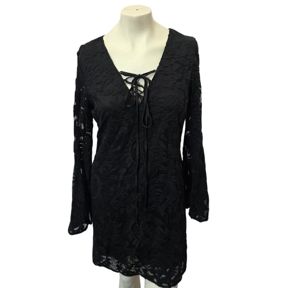 Rockwell Tharp Black Lace Tunic Dress Bell‎ Sleeve Boho Goth Size Large